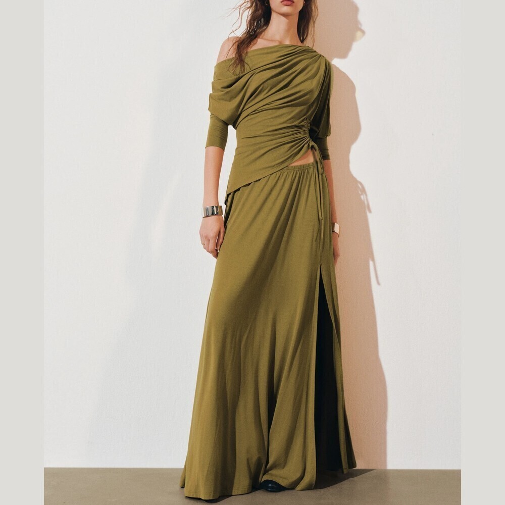 Olive Green Draped Asymmetrical Neck Top and Maxi Skirt Set